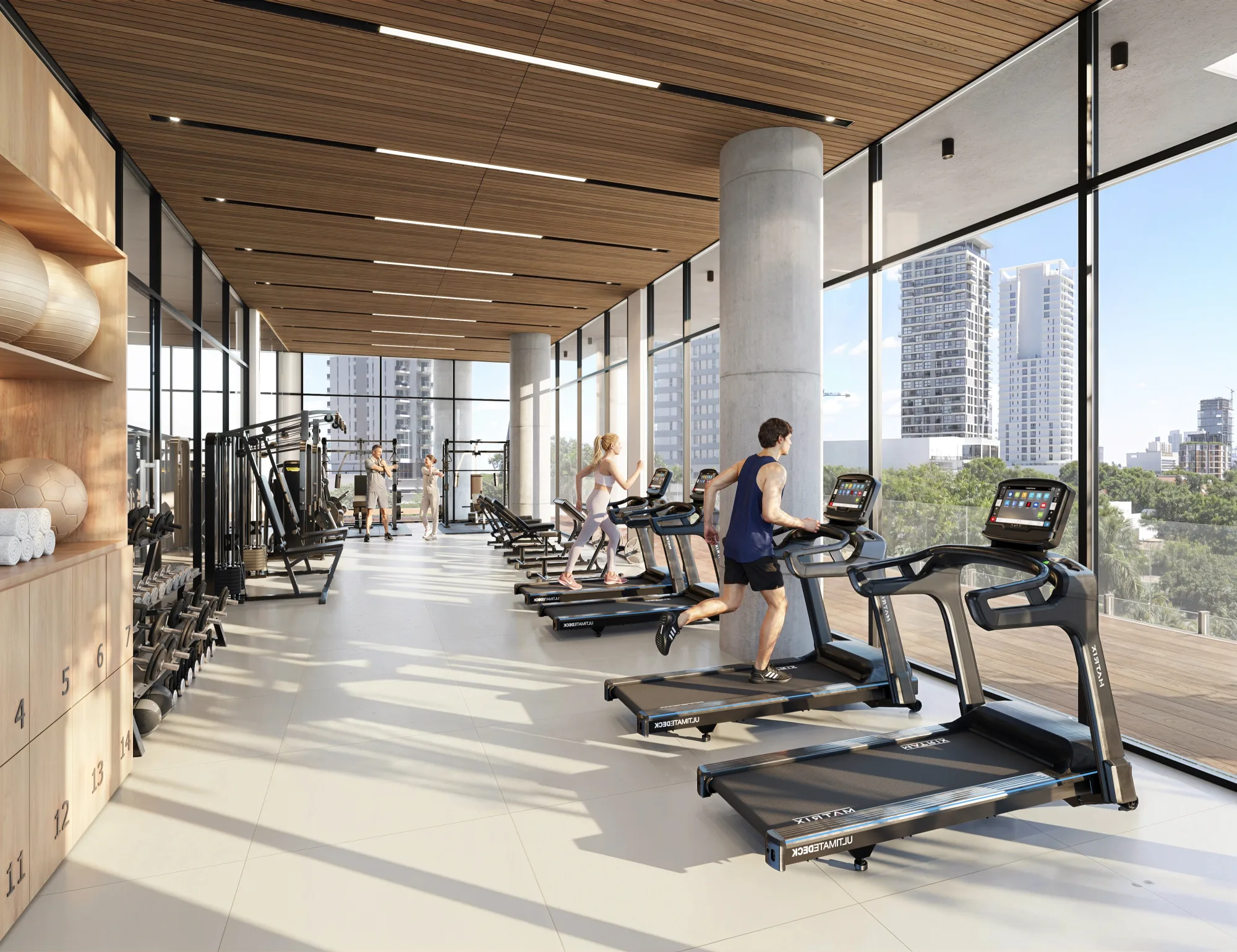 Visualización arquitectónica del gimnasio de Mova del Sol con vista a la ciudad.