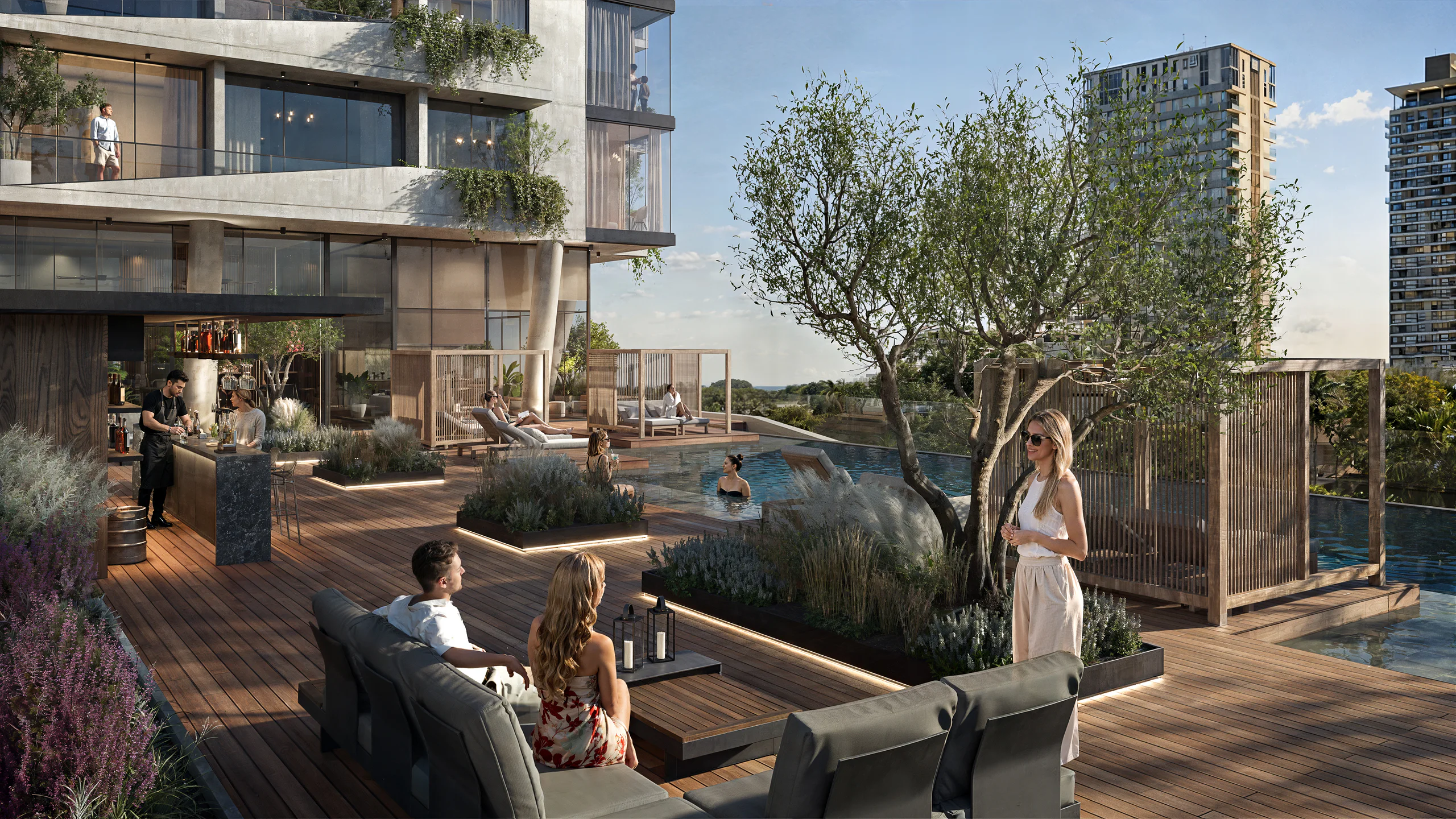 Visualización de la terraza de Mova del Sol con piscina, vegetación y espacios de descanso.