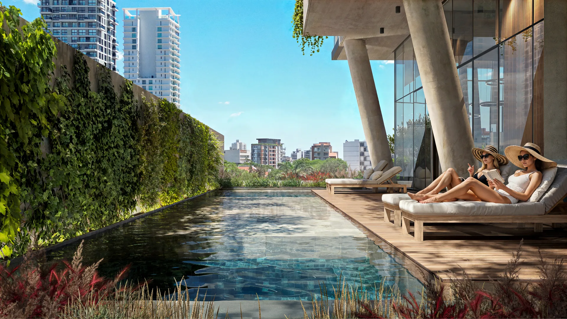 Visualización de la piscina infinita y solárium urbano de Mova del Sol.